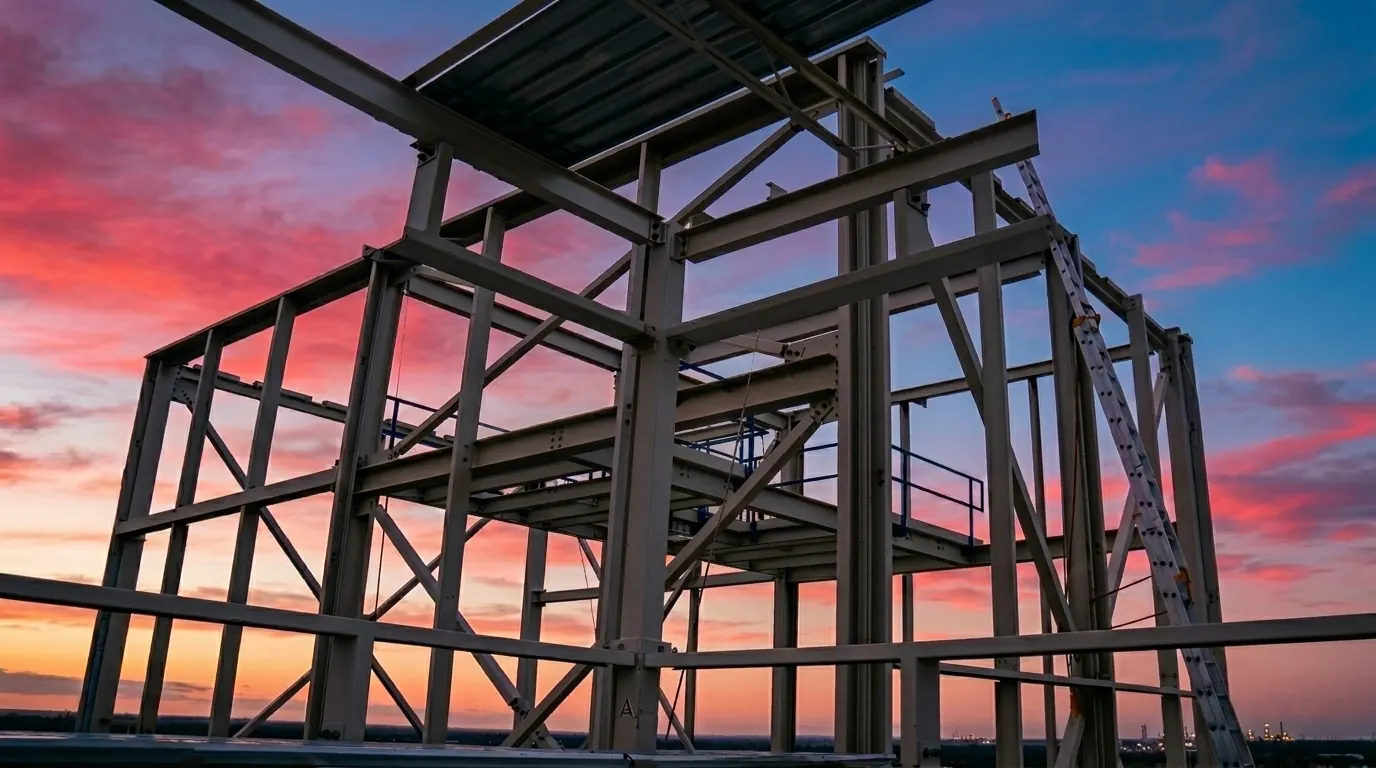 Structure d’acier en construction au coucher du soleil